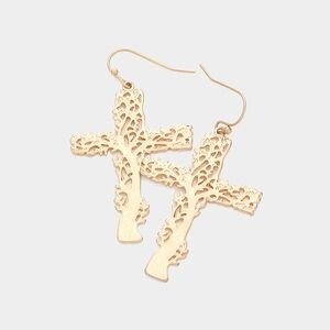 🏷️ Metal Cross Tree Filigree Dangle Earrings Gold Tone